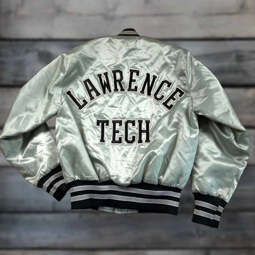 VINTAGE 80s Holloway Lawrence Tech Satin Bomber Jacket Adult Medium Silver Retro Sports Mens