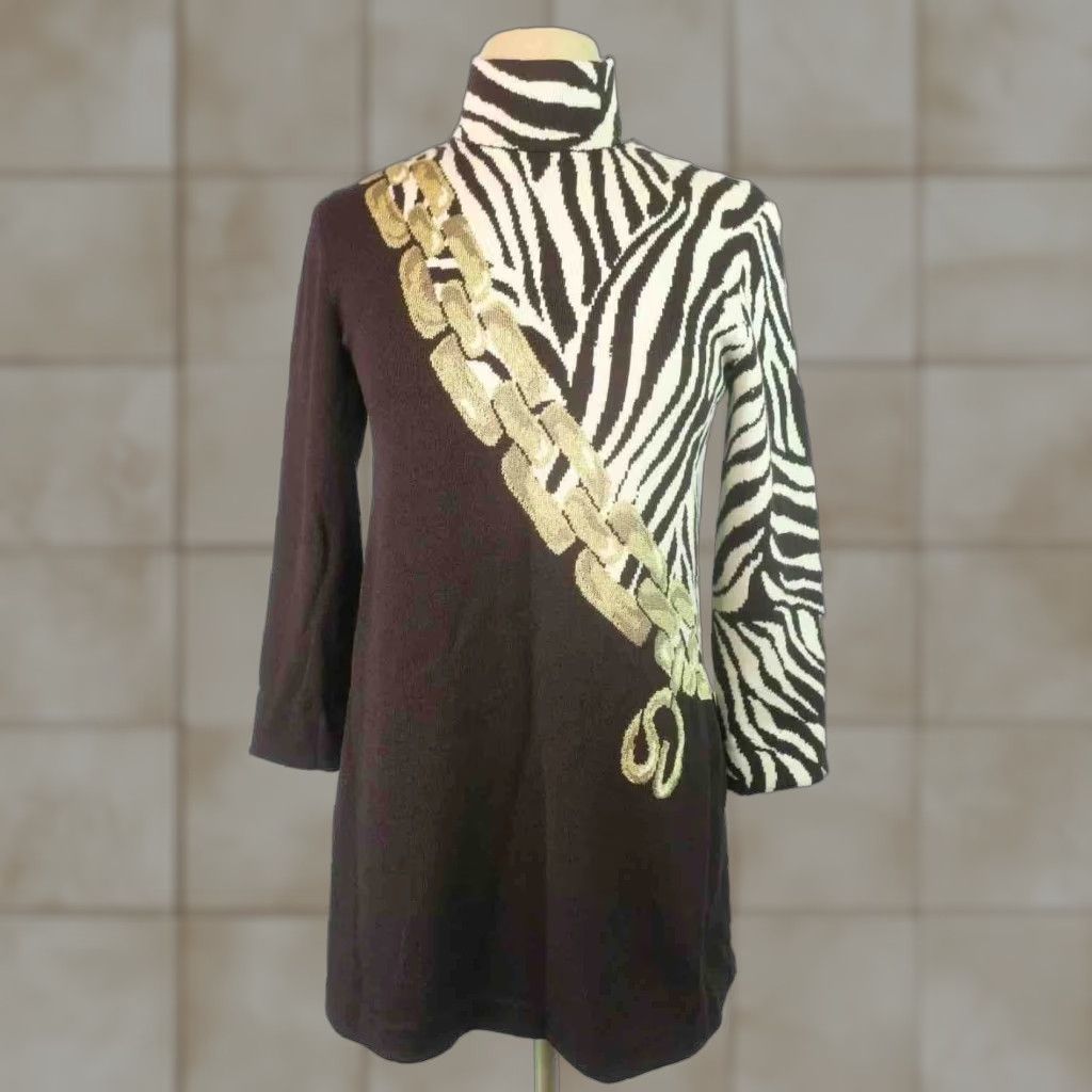 St. John Zebra Sweater Brown Mock Neck S Career Marie VTG Collection Gold Chain